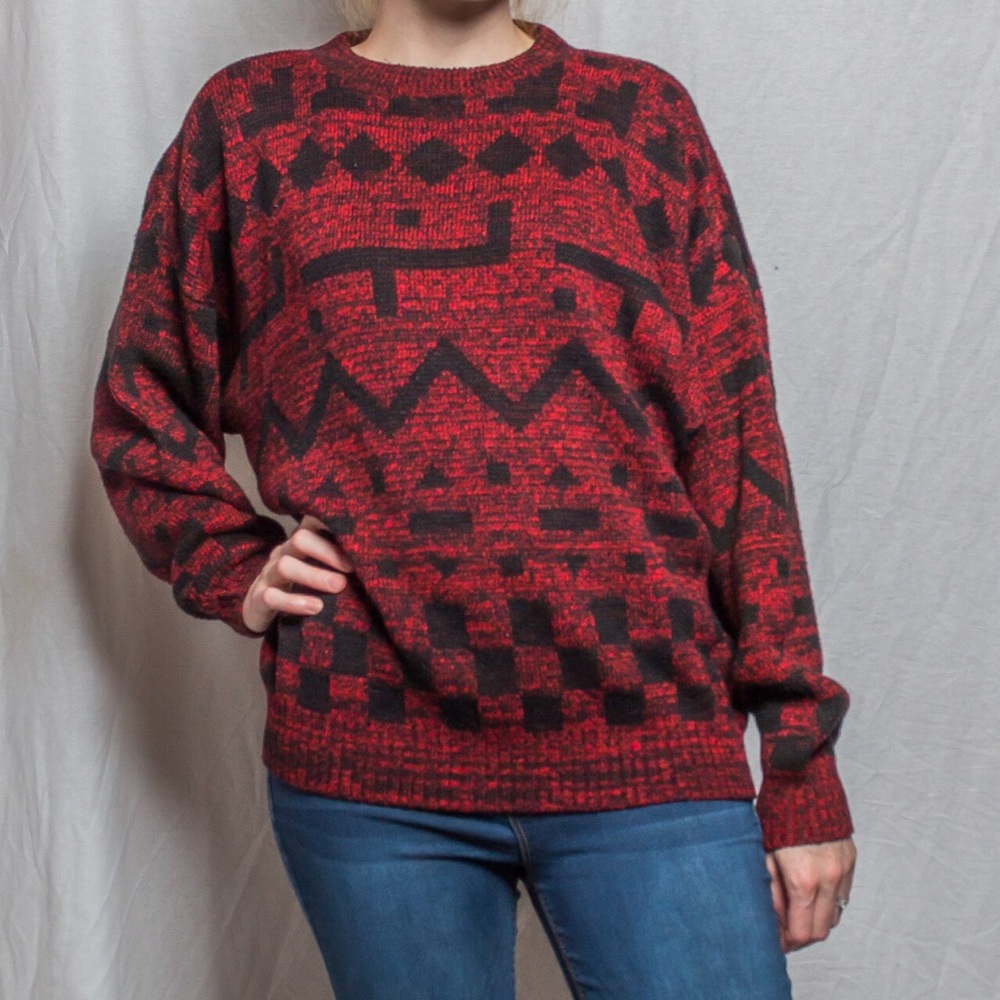 Red and black geometric patterned 90s sweater